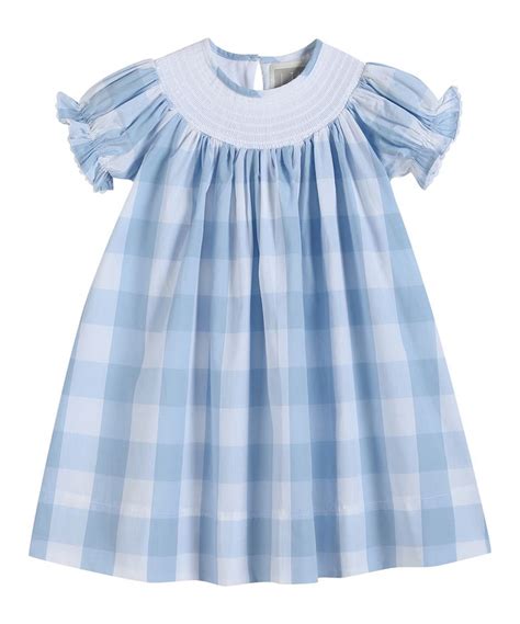 Lil Cactus Light Blue Buffalo Check Gingham Smocked Bishop Dress