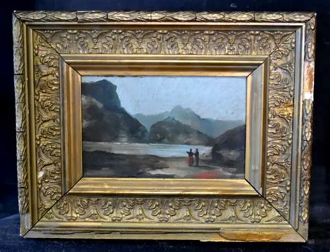 Tableau Ancien Huile Paysage Lacustre Anim Personnages Montagnes Sign