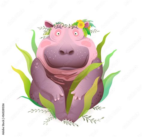 Body Positive Happy And Smiling Hippopotamus Sitting In Nature Wearing Flowers Wreath On Head