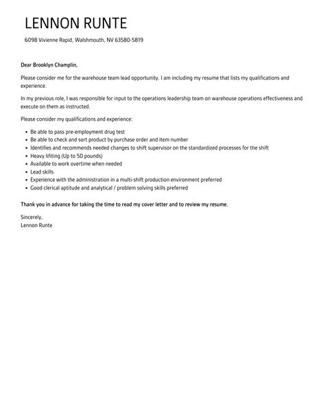 Warehouse Team Lead Cover Letter Velvet Jobs