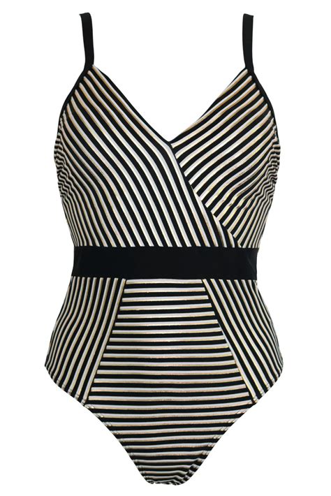 Radiance V Neck High Leg Tummy Control Swimsuit In Black White Gold