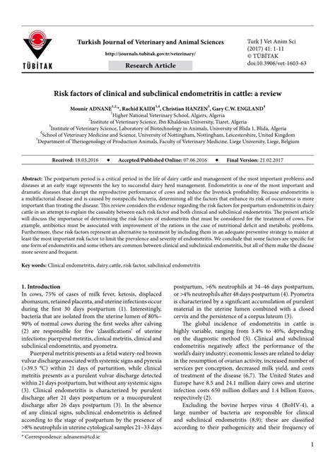 PDF Risk Factors Of Clinical And Subclinical Endometritis In Cattle