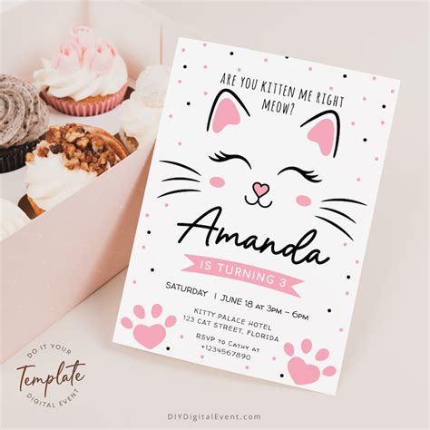 Kitty Cat Birthday Invitation Template Editable Kitten Etsy