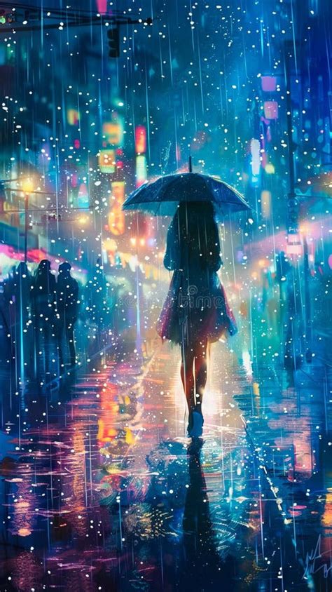 A Painting of a Woman Walking in the Rain Stock Photo - Image of street ...