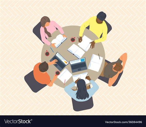 Group Students Sitting At Table And Studying Vector Image