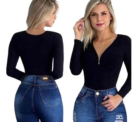 Body Feminino Canelado Manga Longa Bojo Decote Z Per Parcelamento Sem