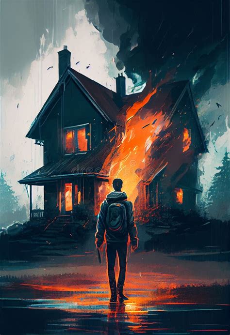 Dramatic Silhouette Of Man In Front Of Burning House Stock Illustration