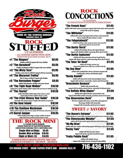 Rock Burger Menu In Niagara Falls New York Usa