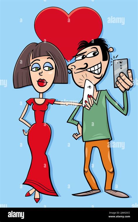 Tarjeta De San Valentín Con Dibujos Animados Mujer Y Hombre Haciendo Selfie Fotografía De Stock