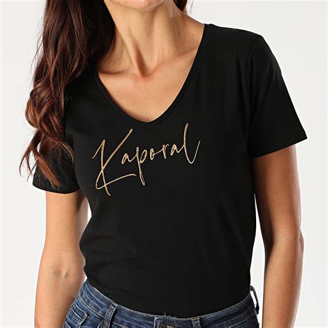 Kaporal Tee Shirt Slim Femme Col V Azis Noir Doré