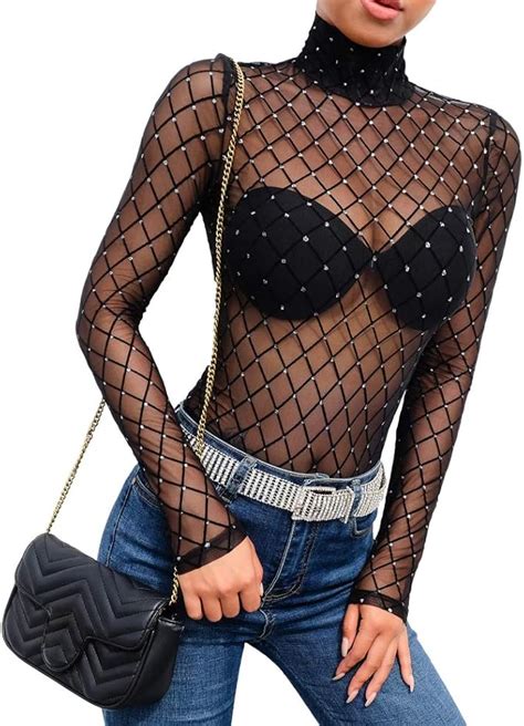 Women Sexy Sheer Mesh Rhinestone Bodysuit Long Sleeve Turtleneck