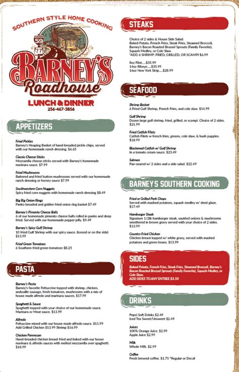 Online Menu Of Barneys Roadhouse Restaurant Gadsden Alabama 35904