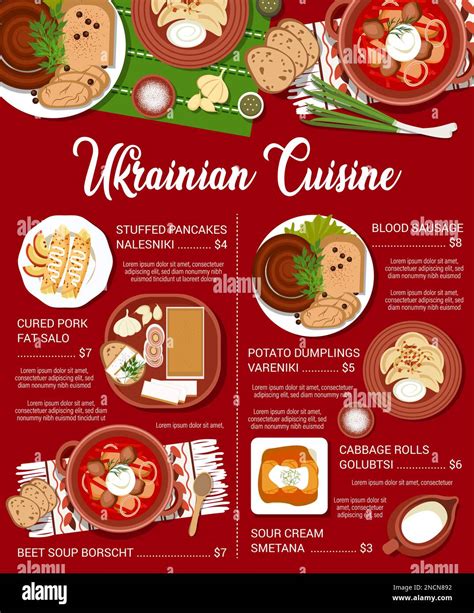 Ukrainian Cuisine Meals Vector Menu With Traditional Dinner Dishes