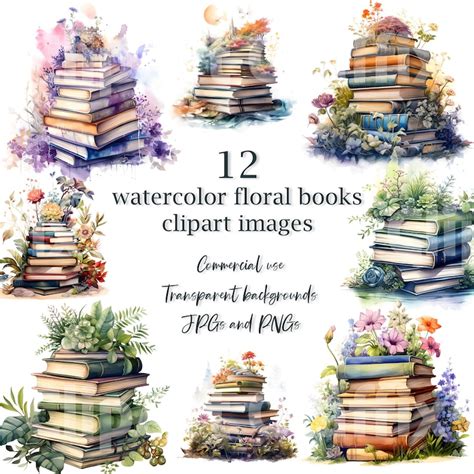 Floral Books Clipart Reading Clipart Watercolor Bookworm Clipart