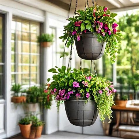 Hanging planters with hanging plants and hanging pots on a porch | Premium AI-generated image