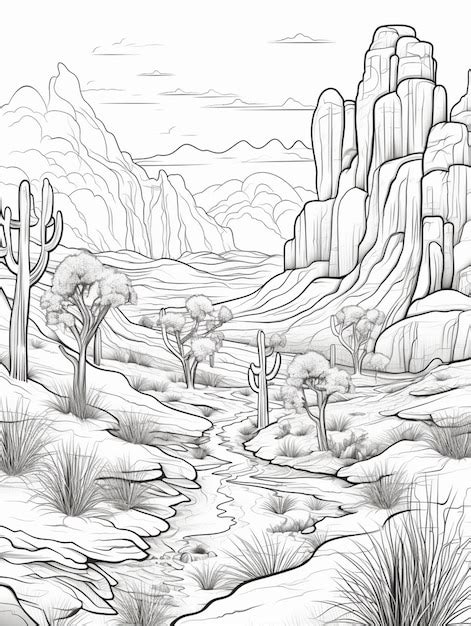 Un Dibujo En Blanco Y Negro De Una Escena Del Desierto Con Rboles De