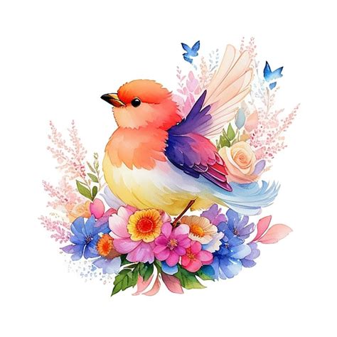 Premium AI Image Colorful Watercolor Bird Sparrow Decorated By Leaves