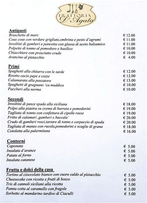 Menu Da Trattoria D Agata Ristorante Torino Via Eusebio Bava