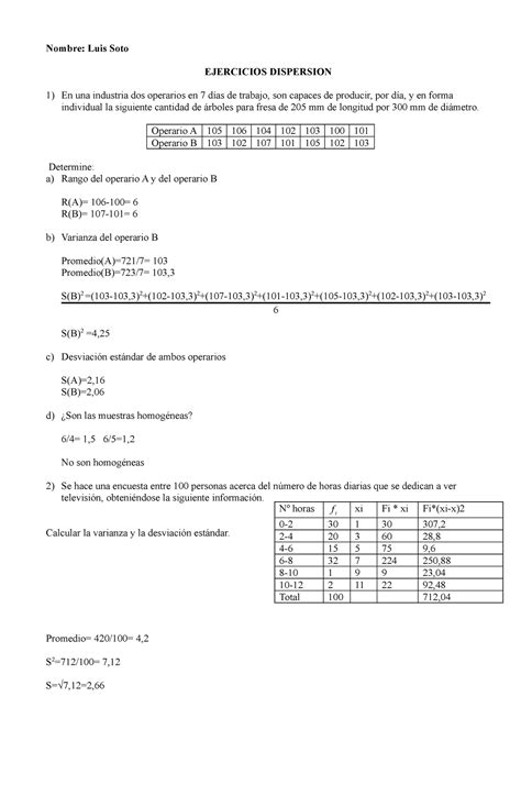 Dispersion Luis Soto Dispersión Nombre Luis Soto Ejercicios