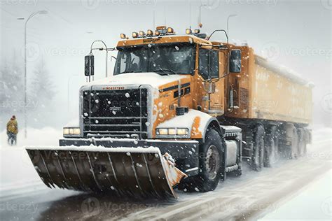 Snow plow truck cleaning snowy road in snowstorm. Snowfall on the ...