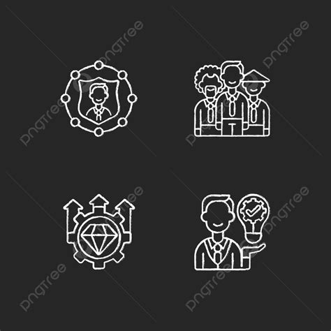 Set Of White Chalk Icons Depicting Corporate Values On Black Backdrop