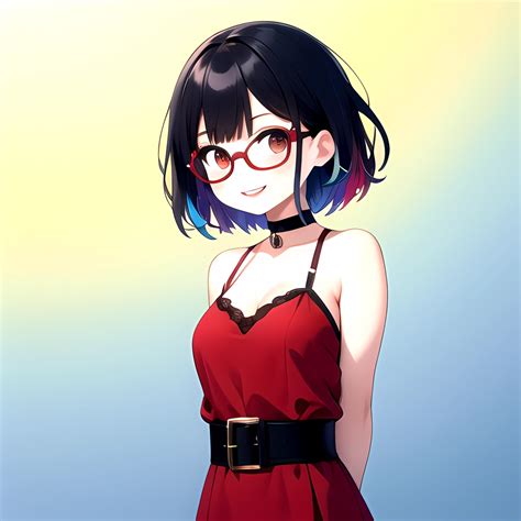 Kson 1girl Black Hair Blue Hair Breasts Brown Eyes Choker Cleavage Collarbone Dress Glasses