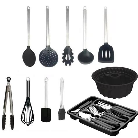 Kit Colheres De Silicone Cabo Inox Utensílios Preto 35 Peças Submarino