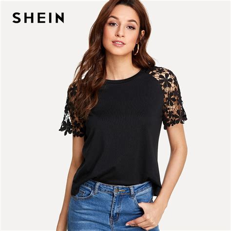 Shein Floral Lace Raglan Sleeve T Shirt Summer Short Sleeve Round