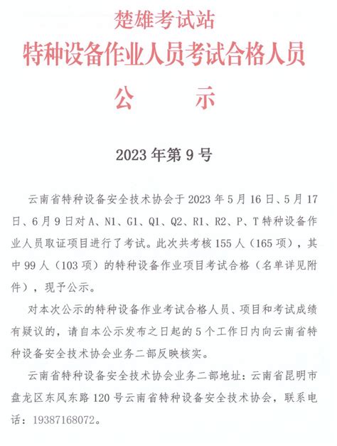 考核项目，楚雄考试站特种设备作业人员考试合格人员公示