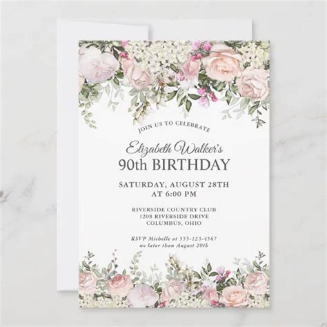 Feminine Pink Roses Floral 90th Birthday Party Invitation Zazzle