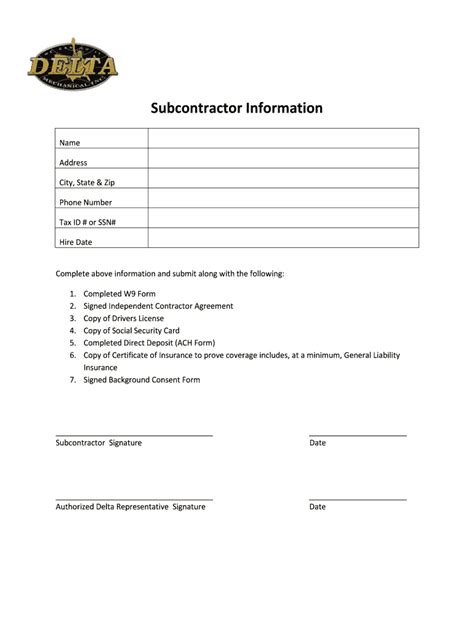 Fillable Online Subcontractor Information Deltamechanicalhr Fax