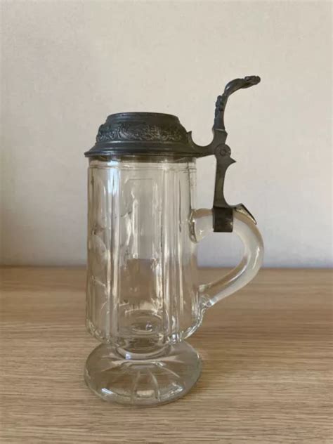 STYLE ANCIEN CHOPE à Bière de Verre Avec Couvercle Étain Armoiries