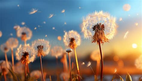 Fluffy Dandelion Seed In Meadow Yellow Beauty At Sunset Generated By