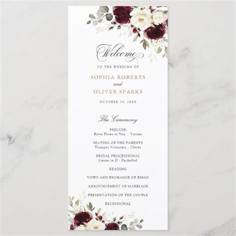 Floral Burgundy White Greenery Wedding Program Zazzle