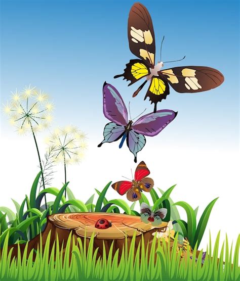 Premium Vector A Cartoon Image Of Butterflies Flying Over A Stump