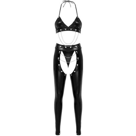 Iixpin Ensemble Costume Sexy Femme Cuir Verni Lingerie Ouverte Coquine