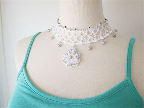 Irish Crochet Lace Jewelry White Camellia Fiber Jewelry Choker Crochet