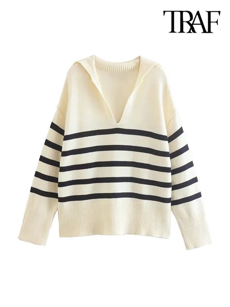 TRAF Women Fashion Striped Loose Knitted Sweater Vintage Long Sleeves