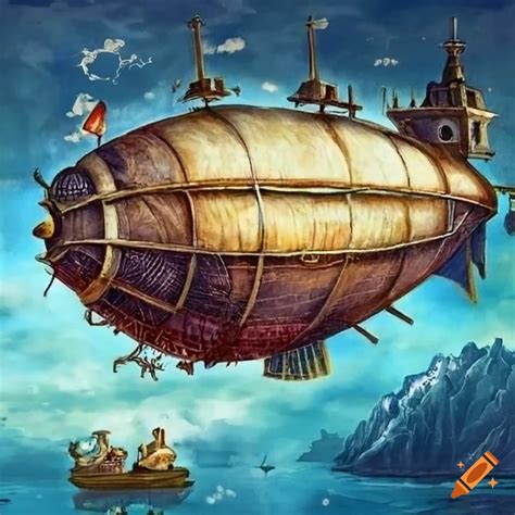 Steampunk Airship In The Sky Storybook Illustration Beatrix Potter