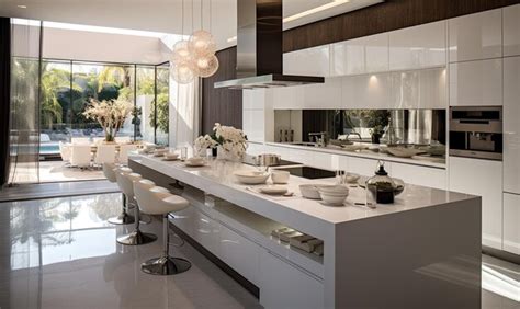 premium photo  large kitchen   long counter  chairs