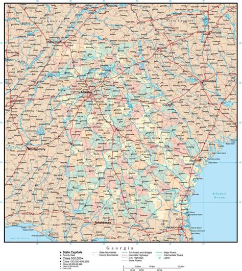 Georgia Adobe Illustrator Map With Counties Cities County Seats Major Roads