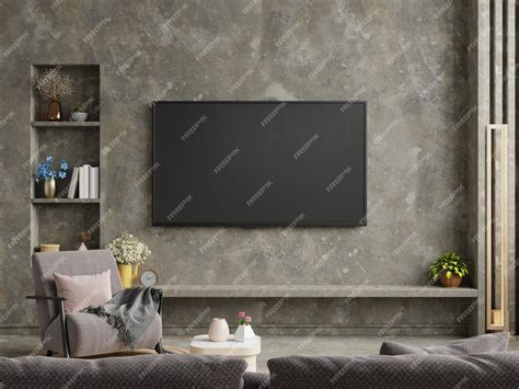 Premium Photo | Concrete wall mounted tv on cement shelf in living room