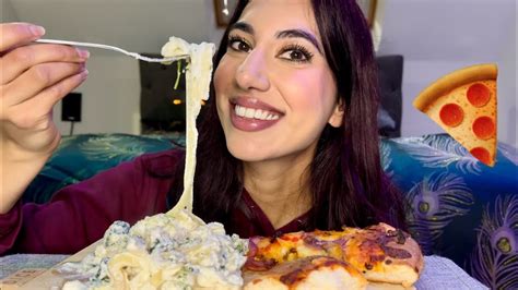 Asmr Creamy Alfredo Pasta And Pizza Mukbang Crunchy Eating Sounds Youtube