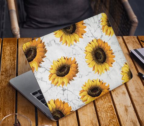 Sunflower Laptop Skin White Marble Notebook Vinyl Decal Dell Etsy