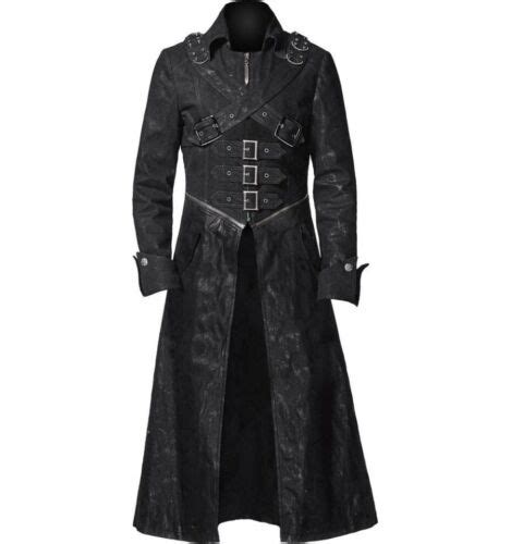 Men S Black Goth Steampunk Leather Gothic Pirate Coat Costume Ebay