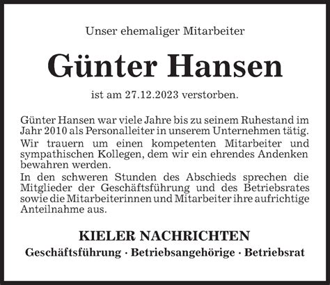 Traueranzeigen von Günter Hansen trauer anzeigen de