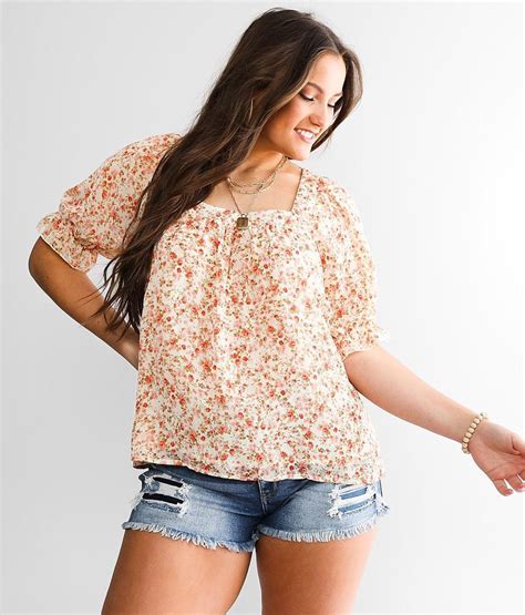 Daytrip Floral Woven Top Womens Shirtsblouses In Ivory Rose Olive Buckle