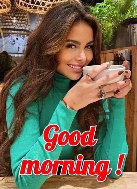 A Woman Sitting At A Table With A Cell Phone In Her Hand And The Words Good Morning On It