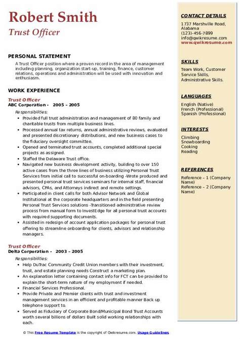 Trust Officer Resume Samples Qwikresume