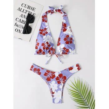 Emmiol Free Shipping Hibiscus Floral Print Bikini Set Purple S In